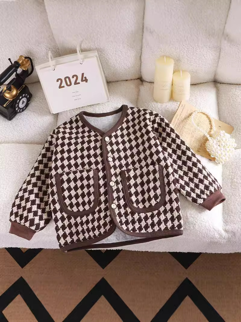 Girls' Houndstooth Coat - Chic & Versatile Cardigan Top for Spring & Autumn Kids' Wear