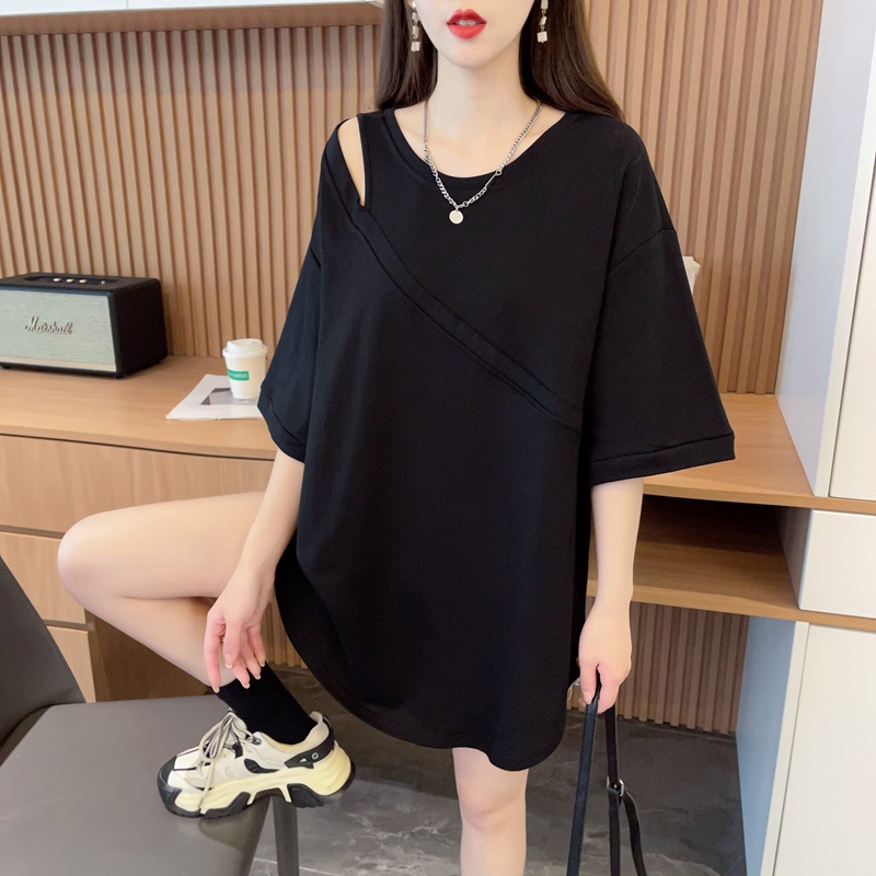 Women's Hollow-Out Paneled Cotton Loose Short-Sleeve T-Shirt - Trendy Mid-Length Top with Irregular Design & Crew Neck