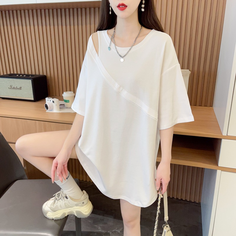 Women's Hollow-Out Paneled Cotton Loose Short-Sleeve T-Shirt - Trendy Mid-Length Top with Irregular Design & Crew Neck