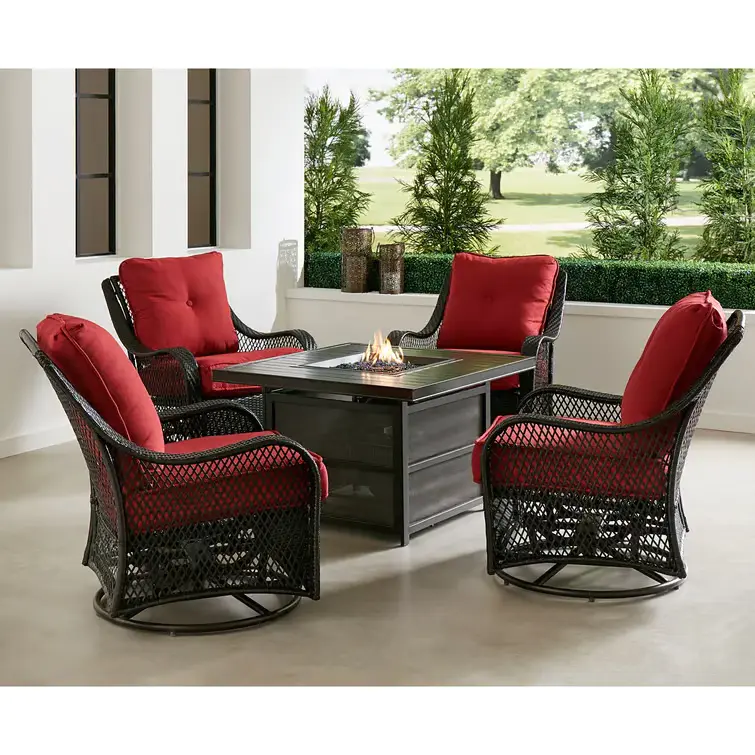 Orleans 5-Piece Steel Patio Fire pit Conversation Set with Sahara Sand Cushions and 26 in. Square Fire pit Side Table