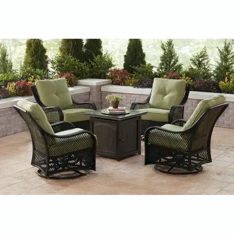 Orleans 5-Piece Steel Patio Fire pit Conversation Set with Sahara Sand Cushions and 26 in. Square Fire pit Side Table