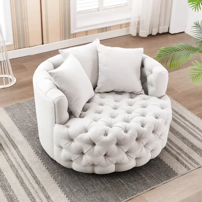 Tufted Linen Swivel Barrel Chair