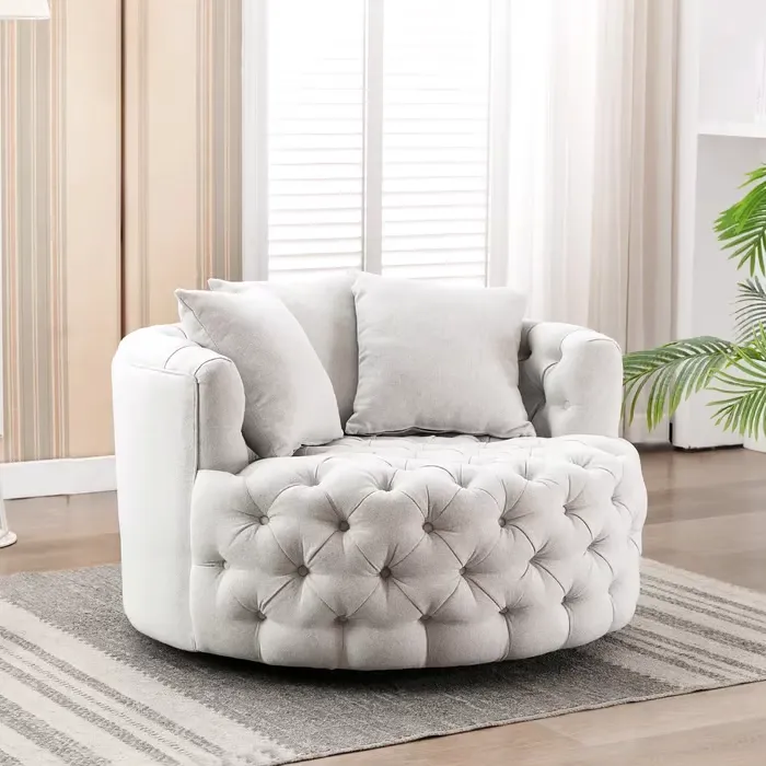 Tufted Linen Swivel Barrel Chair