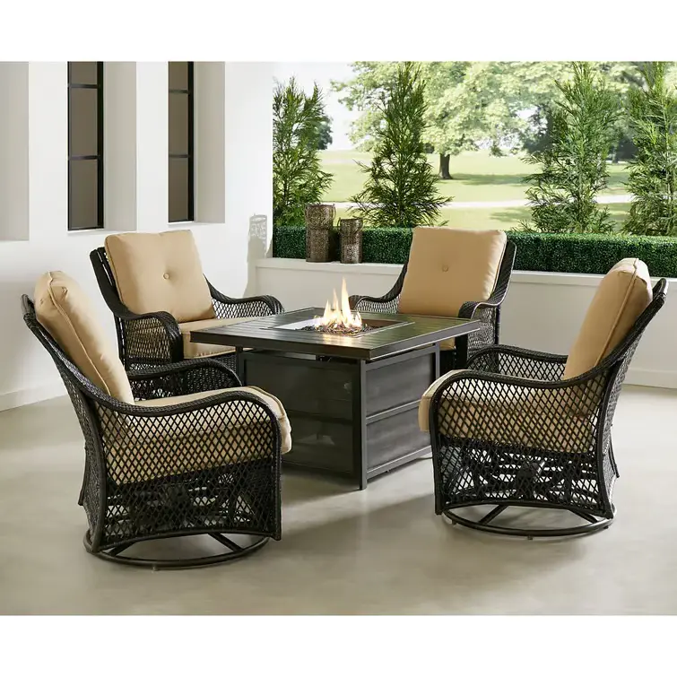 Orleans 5-Piece Steel Patio Fire pit Conversation Set with Sahara Sand Cushions and 26 in. Square Fire pit Side Table