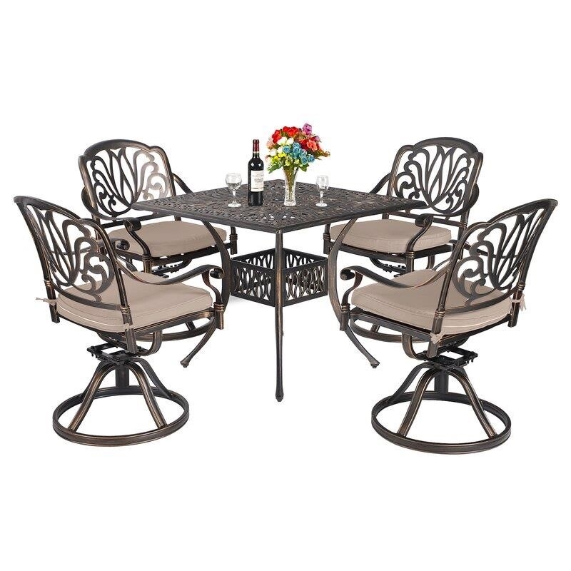 5 Piece Outdoor Dining Patio Set All-Weather Cast Square 4 - Person 35.4" Dining Set