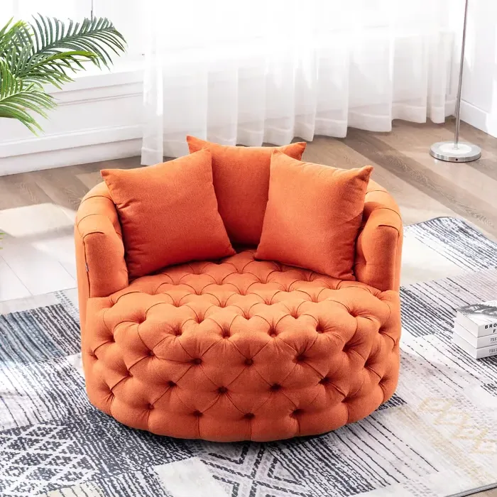 Tufted Linen Swivel Barrel Chair