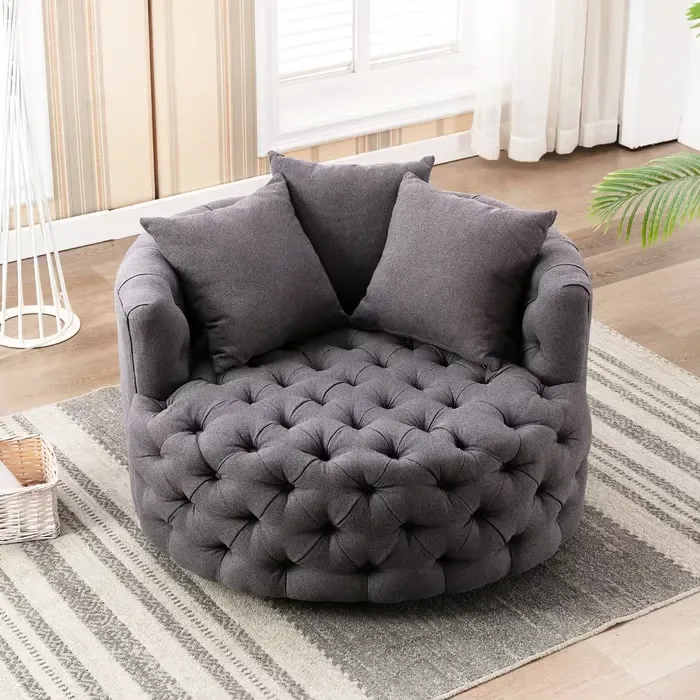 Tufted Linen Swivel Barrel Chair