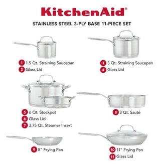 KitchenAid 3-Ply Base Stainless Steel Cookware Set, 11-Piece, Brushed Stainless Steel