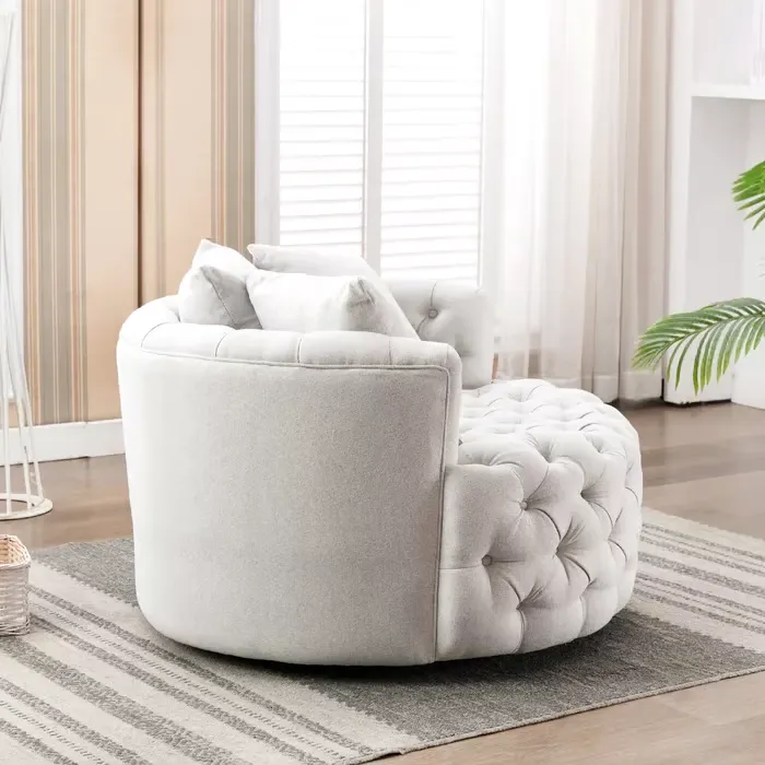Tufted Linen Swivel Barrel Chair