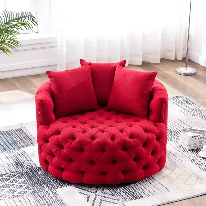 Tufted Linen Swivel Barrel Chair