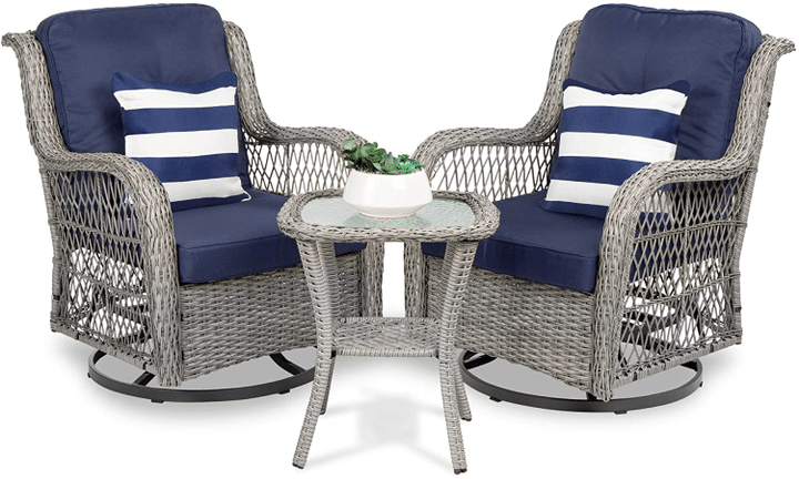 3-Piece Outdoor Wicker Patio Bistro Set W/ 2 360-Degree Swivel Rocking Chairs