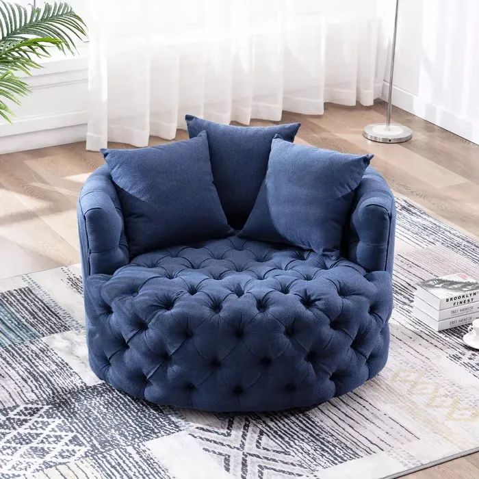 Tufted Linen Swivel Barrel Chair