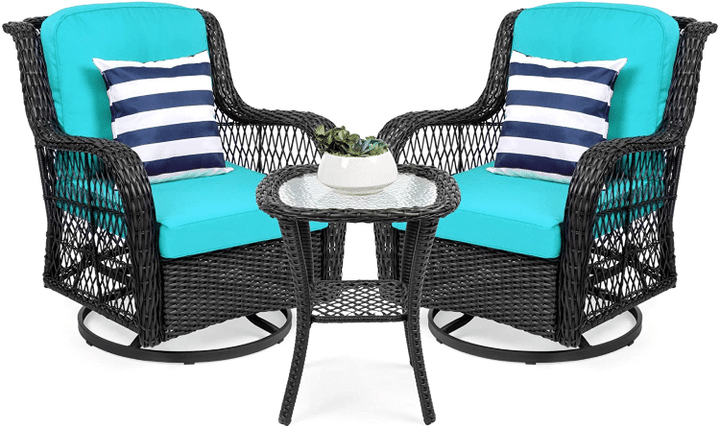 3-Piece Outdoor Wicker Patio Bistro Set W/ 2 360-Degree Swivel Rocking Chairs
