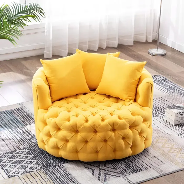 Tufted Linen Swivel Barrel Chair