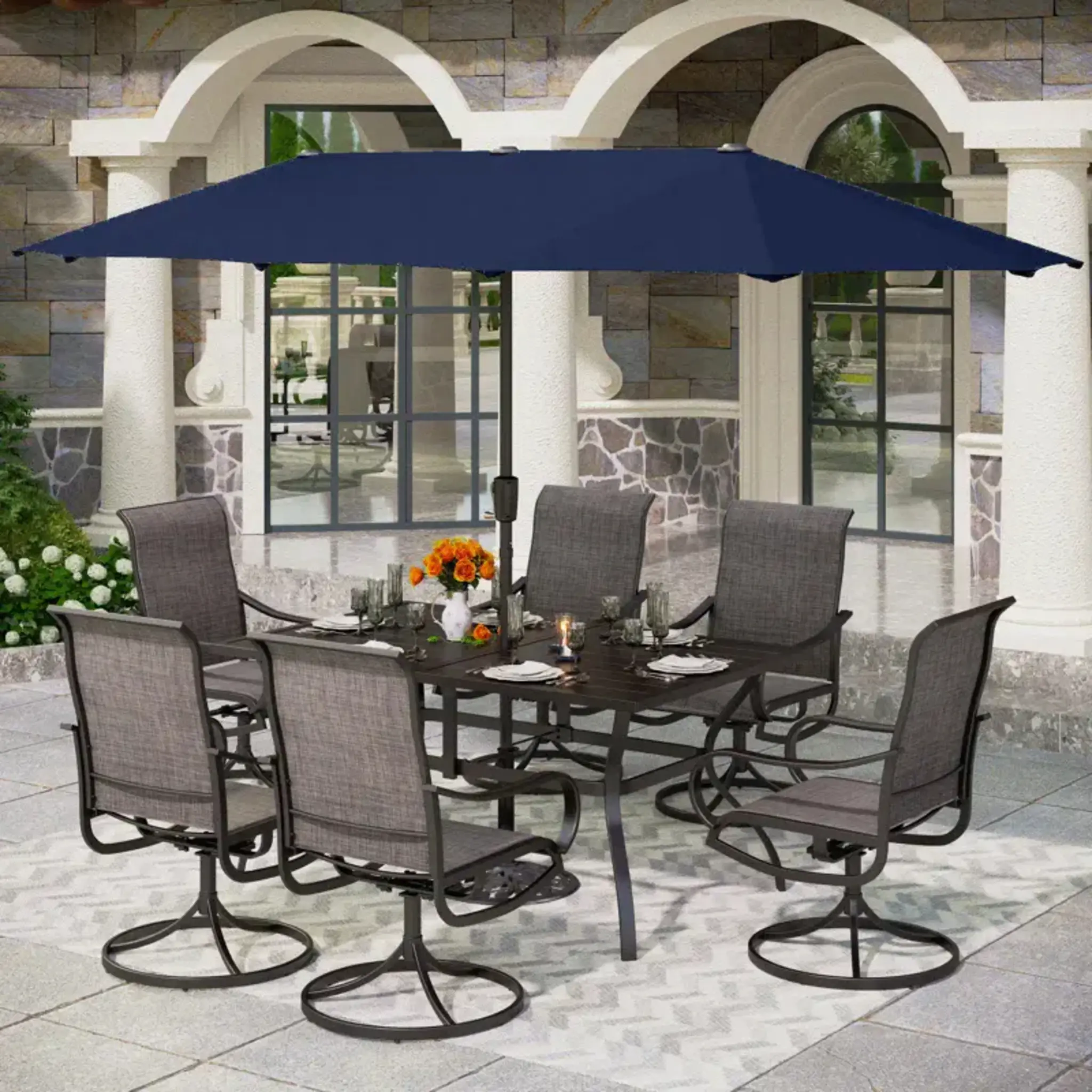 8 Pieces Patio Dining Set with Umbrella,Outdoor Furniture Set with 6 Sling Dining Swivel Chairs