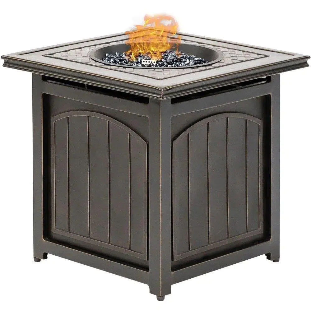 Orleans 5-Piece Steel Patio Fire pit Conversation Set with Sahara Sand Cushions and 26 in. Square Fire pit Side Table