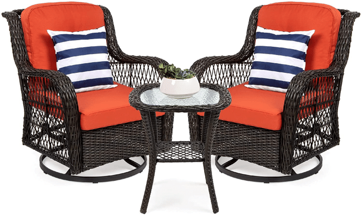 3-Piece Outdoor Wicker Patio Bistro Set W/ 2 360-Degree Swivel Rocking Chairs