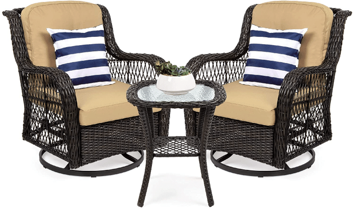 3-Piece Outdoor Wicker Patio Bistro Set W/ 2 360-Degree Swivel Rocking Chairs