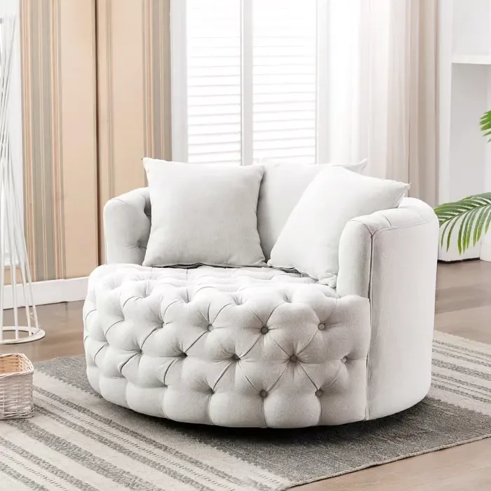 Tufted Linen Swivel Barrel Chair