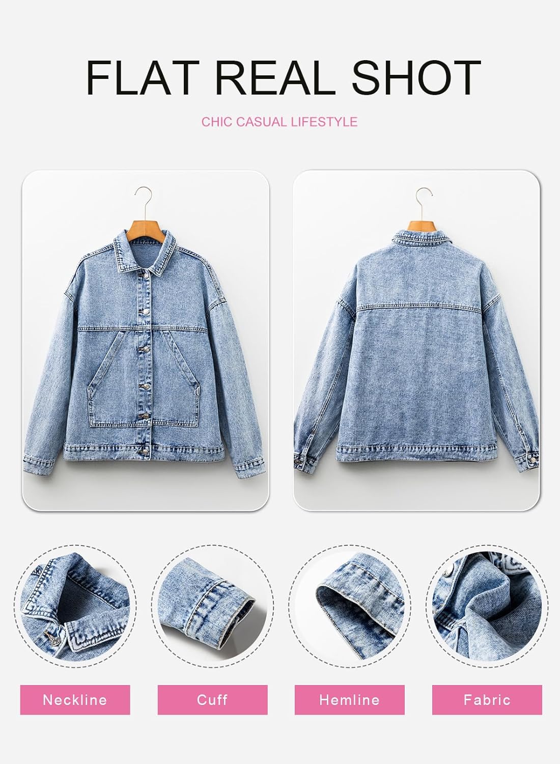 SHEWIN Womens Denim Jacket Casual Long Sleeve Drop Shoulder Button Front Jean Jacket Coat With Pockets