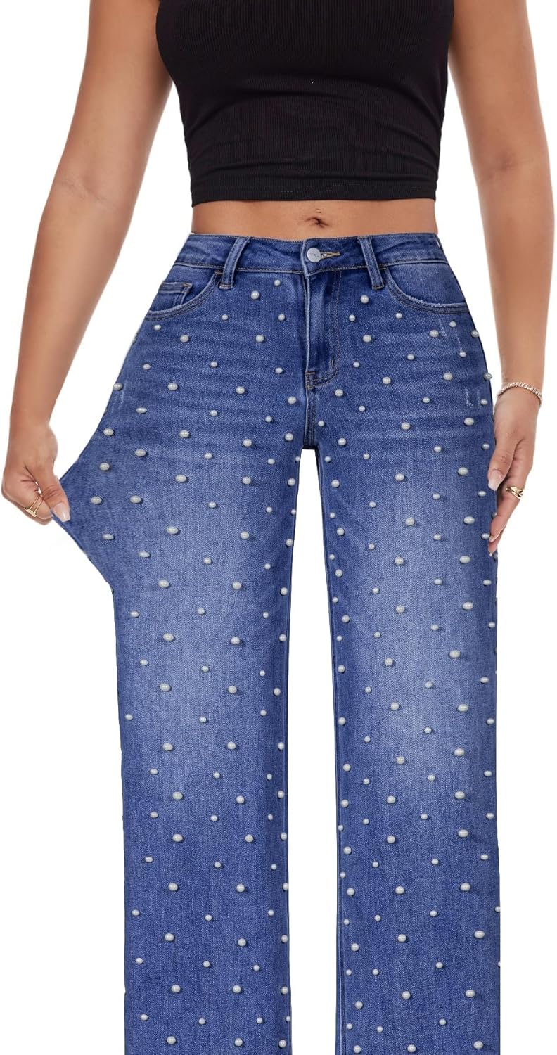 ONESO Mid-Low Rise Baggy Jeans Wide Leg for Women Distressed Pants Stretchy Bottom Lady Basic Comfortable Denim