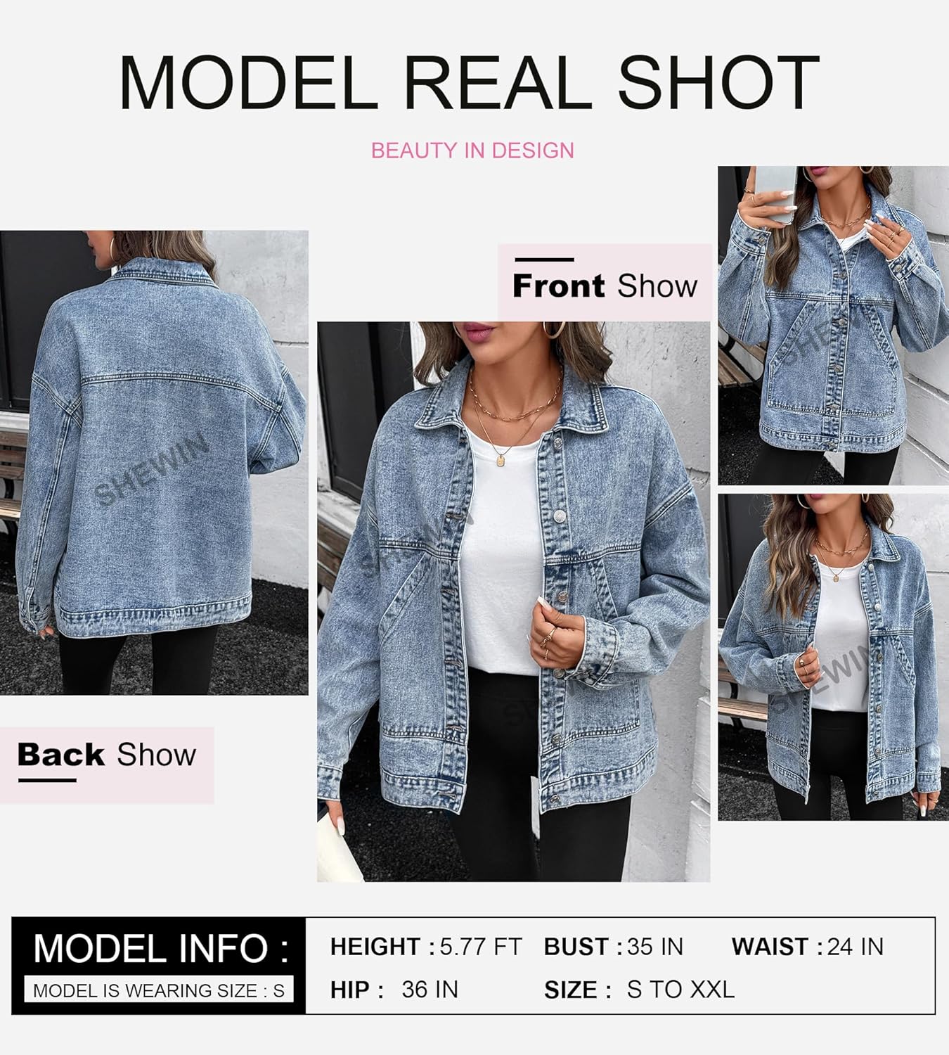 SHEWIN Womens Denim Jacket Casual Long Sleeve Drop Shoulder Button Front Jean Jacket Coat With Pockets