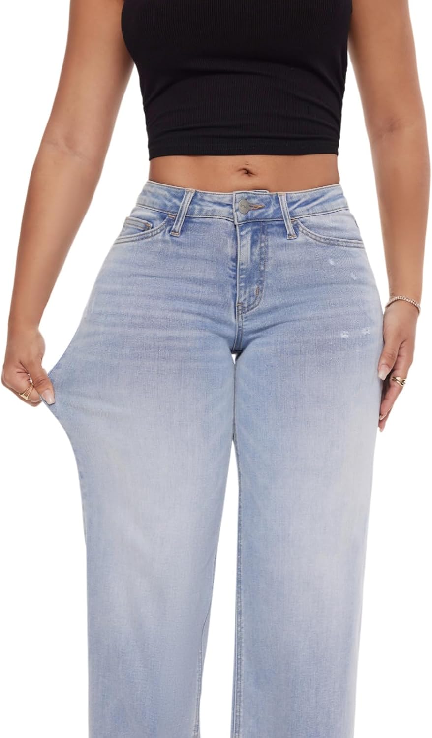 ONESO Mid-Low Rise Baggy Jeans Wide Leg for Women Distressed Pants Stretchy Bottom Lady Basic Comfortable Denim