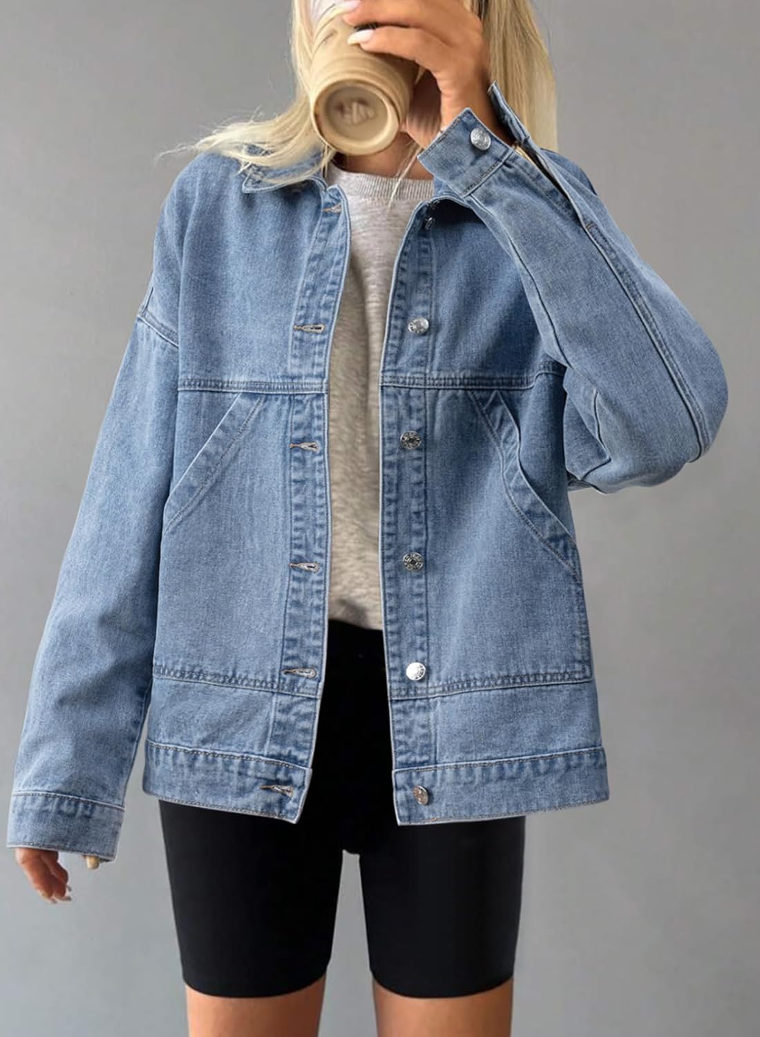 SHEWIN Womens Denim Jacket Casual Long Sleeve Drop Shoulder Button Front Jean Jacket Coat With Pockets