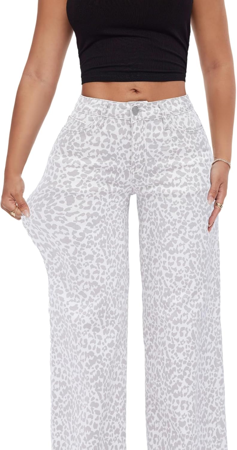 ONESO Mid-Low Rise Baggy Jeans Wide Leg for Women Distressed Pants Stretchy Bottom Lady Basic Comfortable Denim