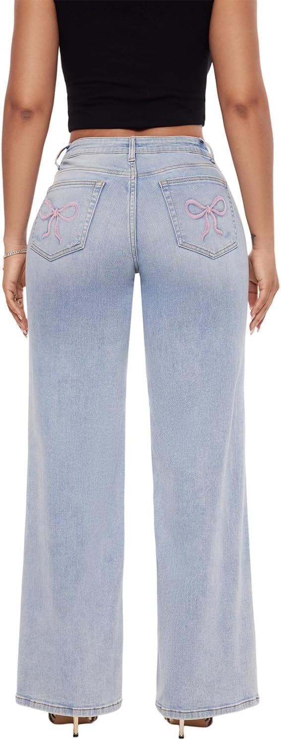 ONESO Mid-Low Rise Baggy Jeans Wide Leg for Women Distressed Pants Stretchy Bottom Lady Basic Comfortable Denim