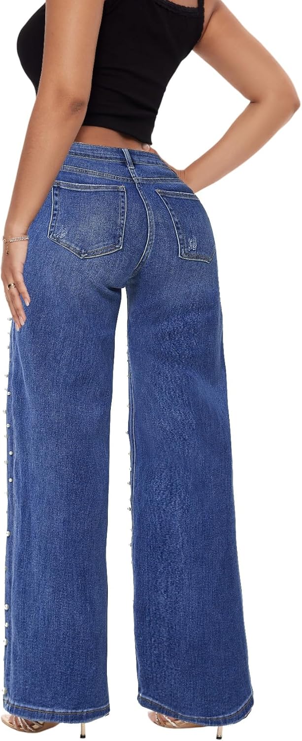 ONESO Mid-Low Rise Baggy Jeans Wide Leg for Women Distressed Pants Stretchy Bottom Lady Basic Comfortable Denim