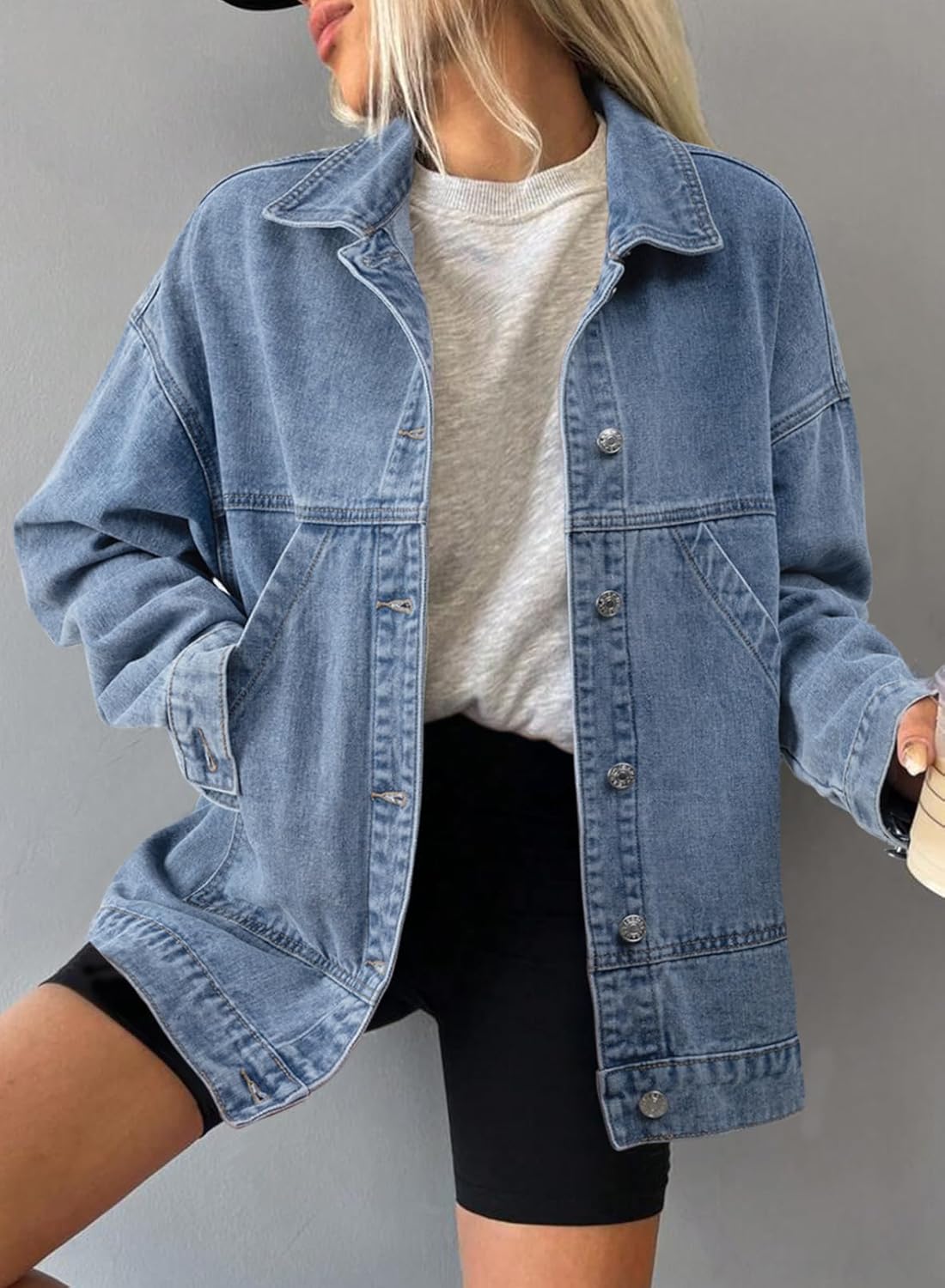 SHEWIN Womens Denim Jacket Casual Long Sleeve Drop Shoulder Button Front Jean Jacket Coat With Pockets