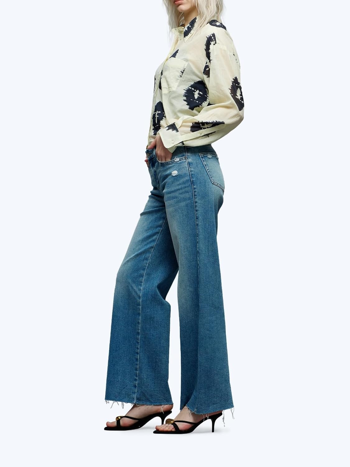 ONESO Mid-Low Rise Baggy Jeans Wide Leg for Women Distressed Pants Stretchy Bottom Lady Basic Comfortable Denim
