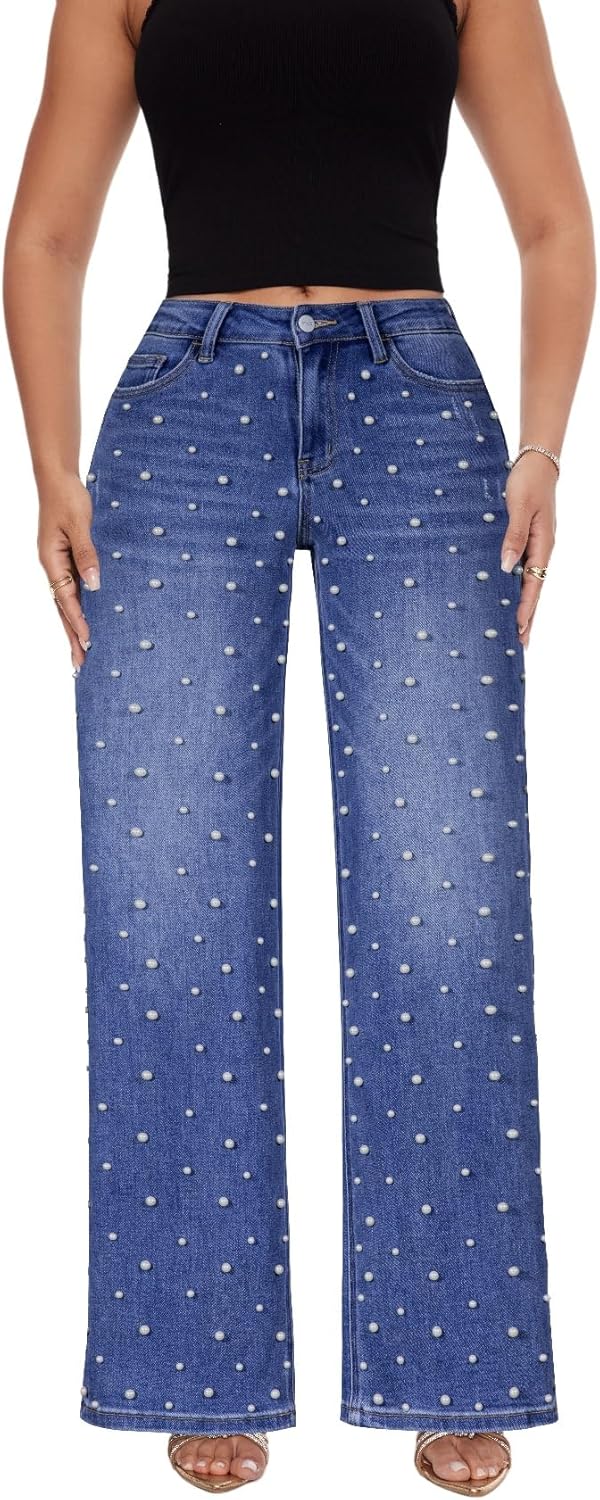 ONESO Mid-Low Rise Baggy Jeans Wide Leg for Women Distressed Pants Stretchy Bottom Lady Basic Comfortable Denim