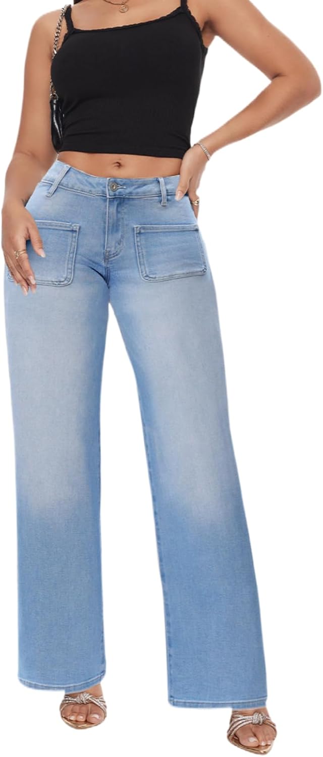 ONESO Mid-Low Rise Baggy Jeans Wide Leg for Women Distressed Pants Stretchy Bottom Lady Basic Comfortable Denim