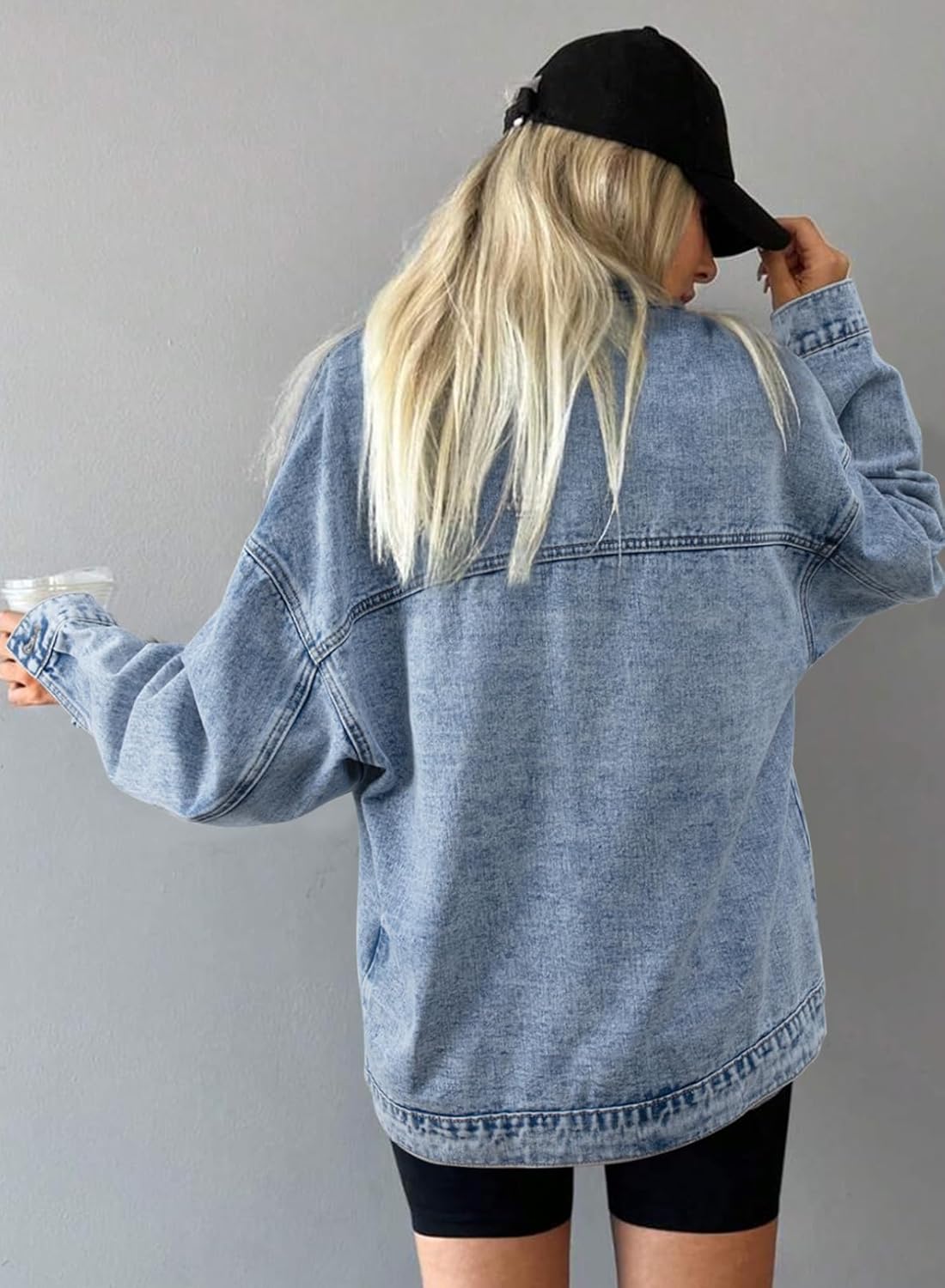 SHEWIN Womens Denim Jacket Casual Long Sleeve Drop Shoulder Button Front Jean Jacket Coat With Pockets