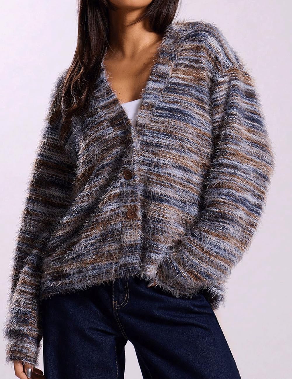 AHAIJ Cardigan en tricot léger à rayures arc-en-ciel à manches longues ouvert sur le devant pour femme, tailles S à 3XL