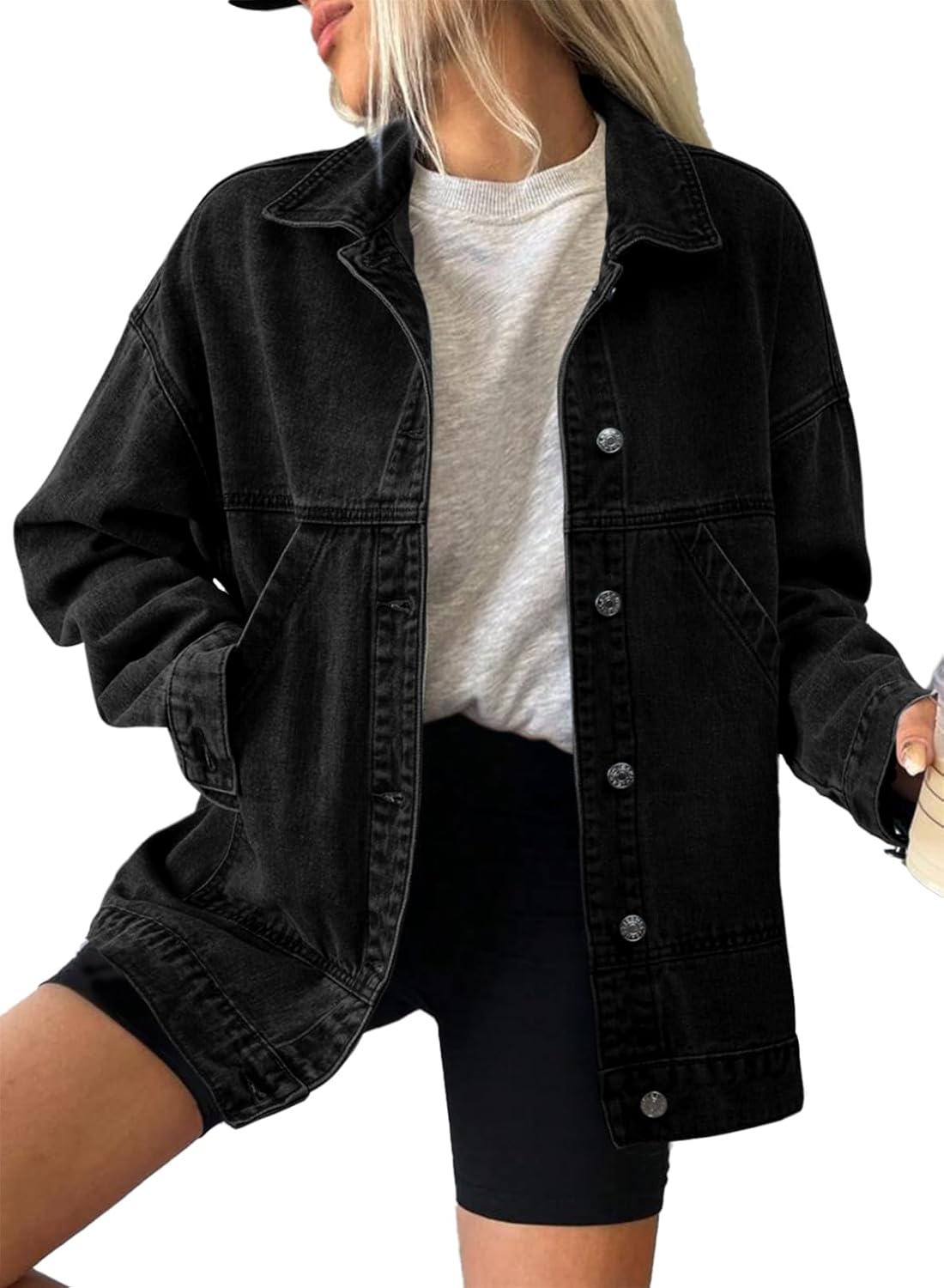 SHEWIN Womens Denim Jacket Casual Long Sleeve Drop Shoulder Button Front Jean Jacket Coat With Pockets