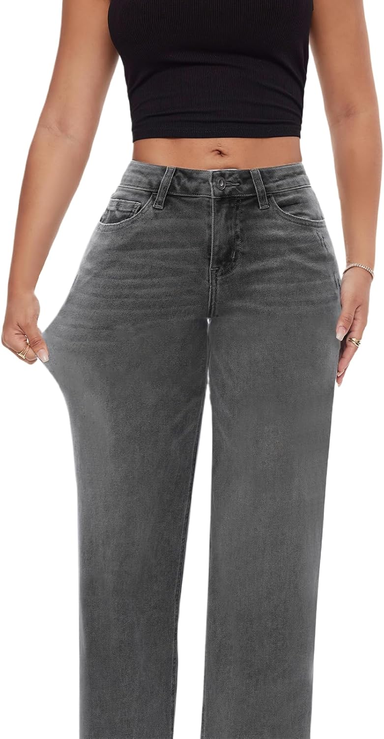 ONESO Mid-Low Rise Baggy Jeans Wide Leg for Women Distressed Pants Stretchy Bottom Lady Basic Comfortable Denim
