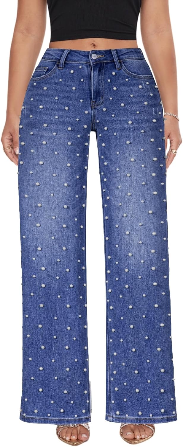 ONESO Mid-Low Rise Baggy Jeans Wide Leg for Women Distressed Pants Stretchy Bottom Lady Basic Comfortable Denim