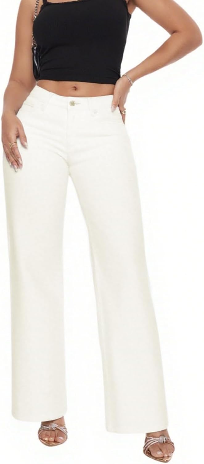 ONESO Mid-Low Rise Baggy Jeans Wide Leg for Women Distressed Pants Stretchy Bottom Lady Basic Comfortable Denim