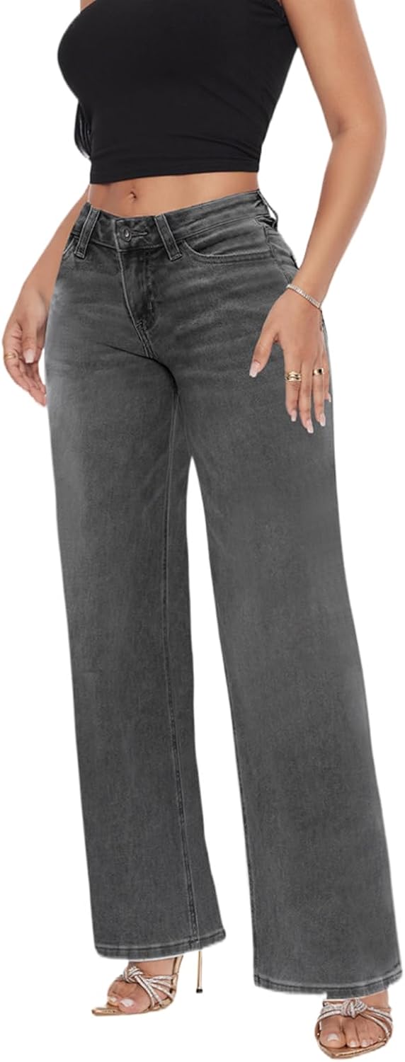 ONESO Mid-Low Rise Baggy Jeans Wide Leg for Women Distressed Pants Stretchy Bottom Lady Basic Comfortable Denim