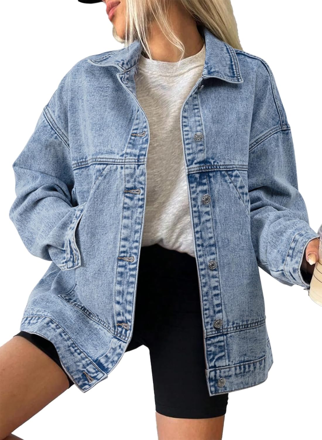 SHEWIN Womens Denim Jacket Casual Long Sleeve Drop Shoulder Button Front Jean Jacket Coat With Pockets
