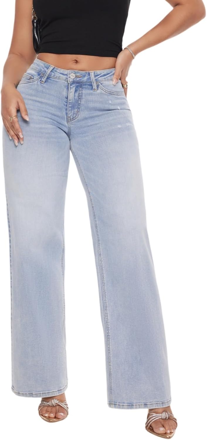 ONESO Mid-Low Rise Baggy Jeans Wide Leg for Women Distressed Pants Stretchy Bottom Lady Basic Comfortable Denim