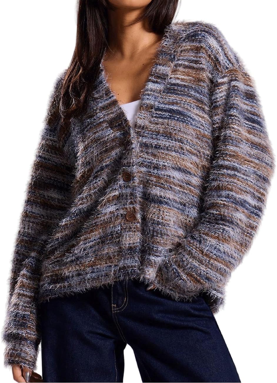 AHAIJ Cardigan en tricot léger à rayures arc-en-ciel à manches longues ouvert sur le devant pour femme, tailles S à 3XL