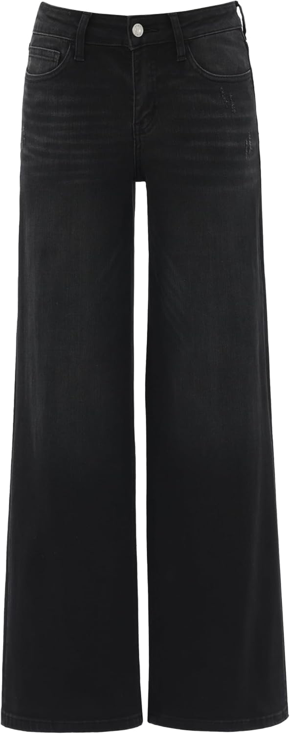 ONESO Mid-Low Rise Baggy Jeans Wide Leg for Women Distressed Pants Stretchy Bottom Lady Basic Comfortable Denim