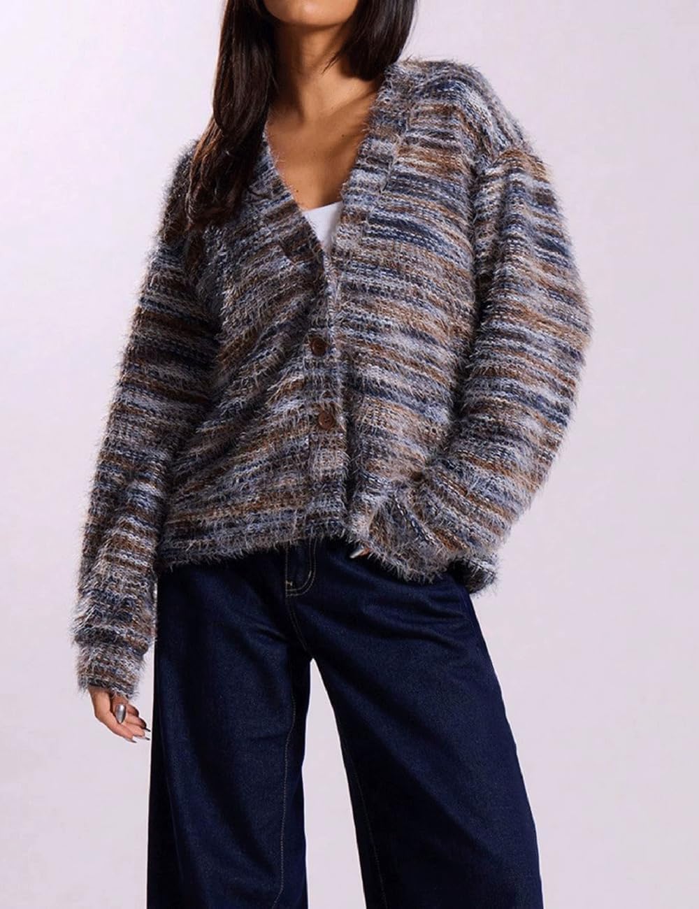 AHAIJ Cardigan en tricot léger à rayures arc-en-ciel à manches longues ouvert sur le devant pour femme, tailles S à 3XL