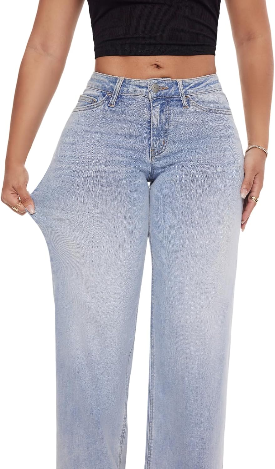 ONESO Mid-Low Rise Baggy Jeans Wide Leg for Women Distressed Pants Stretchy Bottom Lady Basic Comfortable Denim