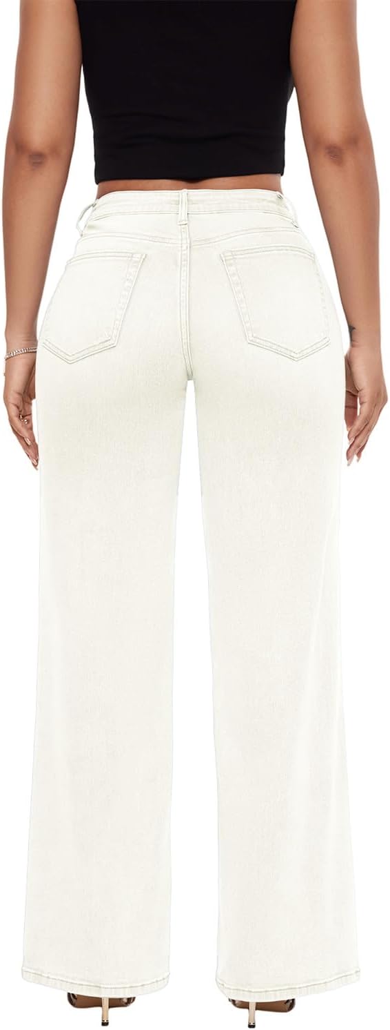 ONESO Mid-Low Rise Baggy Jeans Wide Leg for Women Distressed Pants Stretchy Bottom Lady Basic Comfortable Denim