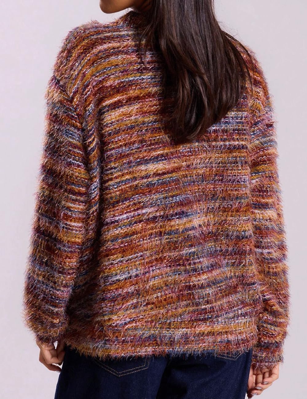 AHAIJ Cardigan en tricot léger à rayures arc-en-ciel à manches longues ouvert sur le devant pour femme, tailles S à 3XL